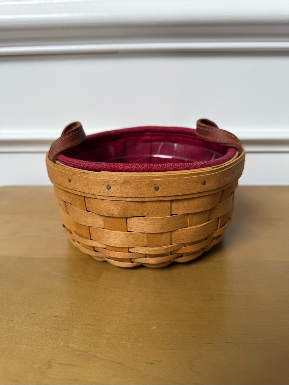 Longaberger Woven Basket with Burgundy Liner and Brown Leather Handles